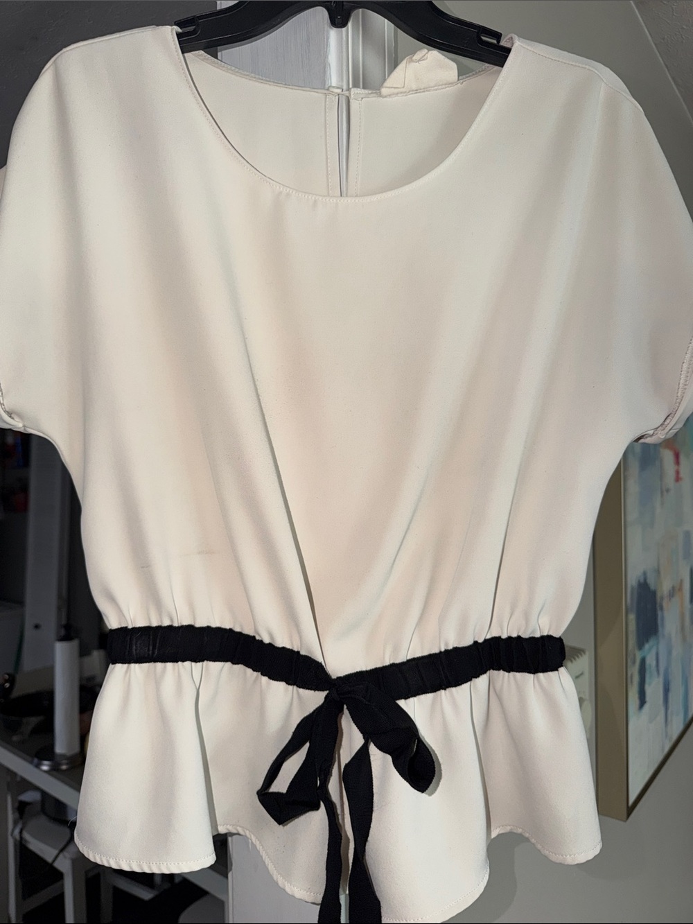 MELLODAY Cream Peplum Dress with Black Tie-Waist